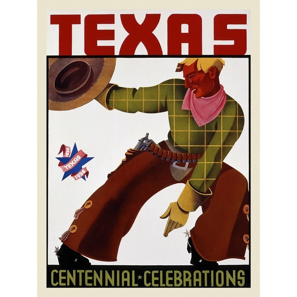 Texas Cowboy Gun 1936 Centennial Travel Tourism Vintage Poster